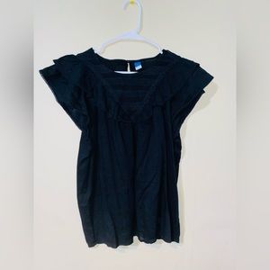 Old Navy Blouse Womens Black Embroidery Trim Ruffles Flutter‎ Sleeves